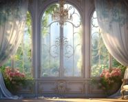 A window has curtains on it next to the wall, free ai prompts and images floral photo backdrops