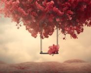 A swing is hanging from an ornamental red tree, free ai prompts and images floral photo backdrops