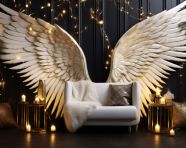 Angel wings in a room with gold decorations, free ai prompts and images floral photo backdrops