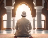 Muslim man praying in the mosque back view, muslim stock image, muslim ai prompt, islamic stock image