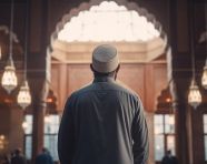 Back view of muslim man praying in mosque, muslim stock image, muslim ai prompt, islamic stock image