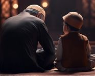 Ramadan kareem greeting father and son in mosque muslim praying man and child read quran and pray back view, muslim stock image, muslim ai prompt, islamic stock image