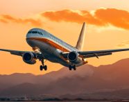 Airplane takes off into golden sunset, air transportation stock images, ai prompt air transportation, airplane stock images