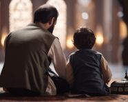 Muslim man and child reading quran and praying in back view, muslim stock image, muslim ai prompt, islamic stock image
