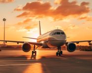 Sunset over airplane wing, air transportation stock images, ai prompt air transportation, airplane stock images