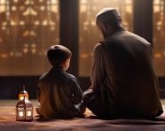 Muslim man and child praying in back view of mosque, muslim stock image, muslim ai prompt, islamic stock image