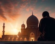 Concept of religion islam silhouette of man praying on the background of a mosque at sunset, muslim stock image, muslim ai prompt, islamic stock image