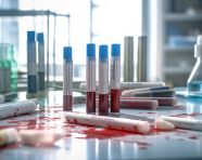 Medical test tubes with blood on desk in laboratory, healthcare stock images, life sciences stock images, ai stock images