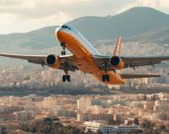 Airplane soaring over cityscape, air transportation stock images, ai prompt air transportation, airplane stock images