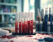 Blood test tubes on laboratory desk, healthcare stock images, life sciences stock images, ai stock images