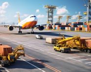 Industrial port and container yard flying airplane, air transportation stock images, ai prompt air transportation, airplane stock images