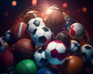 Sports balls in the spotlight, soccer ball stock image ai prompt, basketball stock image ai prompt, football stock image ai prompt