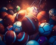 Sports balls in the glow of light, soccer ball stock image ai prompt, basketball stock image ai prompt, football stock image ai prompt