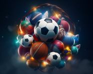 Sports balls in the night sky, soccer ball stock image ai prompt, basketball stock image ai prompt, football stock image ai prompt