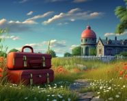 Traveler with luggage in front of landmark buildings, adventure travel stock images, adventure travel ai prompts, travel stock images ai