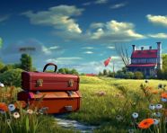 Tourist with suitcases in the park with cityscape, adventure travel stock images, adventure travel ai prompts, travel stock images ai