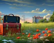 Traveler with suitcases in front of iconic landmarks, adventure travel stock images, adventure travel ai prompts, travel stock images ai