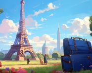 Luggage in the grass, eiffel tower in the background, adventure travel stock images, adventure travel ai prompts, travel stock images ai