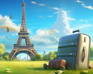 Luggage and eiffel tower, paris, adventure travel stock images, adventure travel ai prompts, travel stock images ai