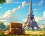 Tourist luggage in the grass, paris, adventure travel stock images, adventure travel ai prompts, travel stock images ai