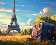 Luggage and the city of lights, adventure travel stock images, adventure travel ai prompts, travel stock images ai