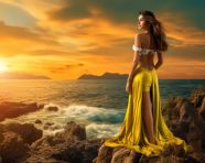 Thai woman in yellow dress on rocky beach at sunset, adventure travel stock images, adventure travel ai prompts, travel stock images ai