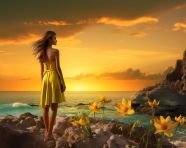 Sunset on rocky beach with thai woman in yellow dress, adventure travel stock images, adventure travel ai prompts, travel stock images ai