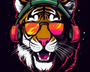Partying tiger in neon, animal t-shirt designs, animal t-shirt design stock images, animal t-shirt design ai prompts