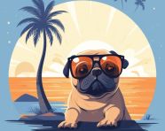 Stylish pug with sunglasses at the beach, animal t-shirt designs, animal t-shirt design stock images, animal t-shirt design ai prompts