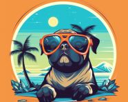 Pug in shades looking cool at the beach, animal t-shirt designs, animal t-shirt design stock images, animal t-shirt design ai prompts