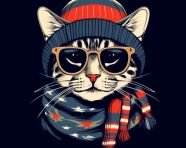 Cute cat in glasses scarf and hat, animal t-shirt designs, animal t-shirt design stock images, animal t-shirt design ai prompts