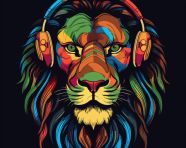 Lion in headphones on black background, animal t-shirt designs, animal t-shirt design stock images, animal t-shirt design ai prompts