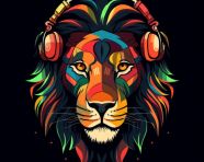 Colorful lion wearing headphones, animal t-shirt designs, animal t-shirt design stock images, animal t-shirt design ai prompts