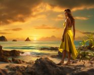 Thai woman in yellow dress against sunset on rocky beach, adventure travel stock images, adventure travel ai prompts, travel stock images ai