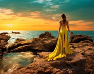 Yellow dress on rocky beach at sunset, adventure travel stock images, adventure travel ai prompts, travel stock images ai