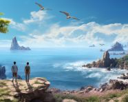 Two travelers on the rocks, adventure travel stock images, adventure travel ai prompts, travel stock images ai