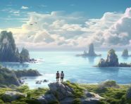 Two men on the rocks by the sea, adventure travel stock images, adventure travel ai prompts, travel stock images ai