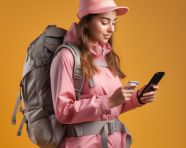 Backpacking girl checking social media, adventure travel stock images, adventure travel ai prompts, travel stock images ai