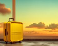 Yellow luggage with sunset view, adventure travel stock images, adventure travel ai prompts, travel stock images ai