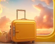 Ellow luggage on otokova island, adventure travel stock images, adventure travel ai prompts, travel stock images ai