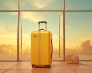 Sunset over yellow luggage, adventure travel stock images, adventure travel ai prompts, travel stock images ai