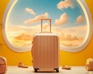 Luggage with view of sunset, adventure travel stock images, adventure travel ai prompts, travel stock images ai