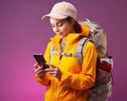 Vacationing girl checking phone, adventure travel stock images, adventure travel ai prompts, travel stock images ai