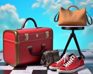 Red suitcase bag plane and shoes on blue background, adventure travel stock images, adventure travel ai prompts, travel stock images ai