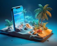Smartphone travel in paradise, adventure travel stock images, adventure travel ai prompts, travel stock images ai