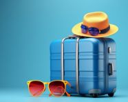 Blue suitcase with travel accessories, adventure travel stock images, adventure travel ai prompts, travel stock images ai