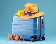 Blue luggage with sunglasses and hat, adventure travel stock images, adventure travel ai prompts, travel stock images ai