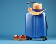 Vacation ready blue suitcase, adventure travel stock images, adventure travel ai prompts, travel stock images ai