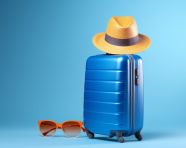 Traveling in style with a blue suitcase, adventure travel stock images, adventure travel ai prompts, travel stock images ai