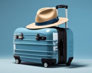 Luggage and hat ready for travel, adventure travel stock images, adventure travel ai prompts, travel stock images ai